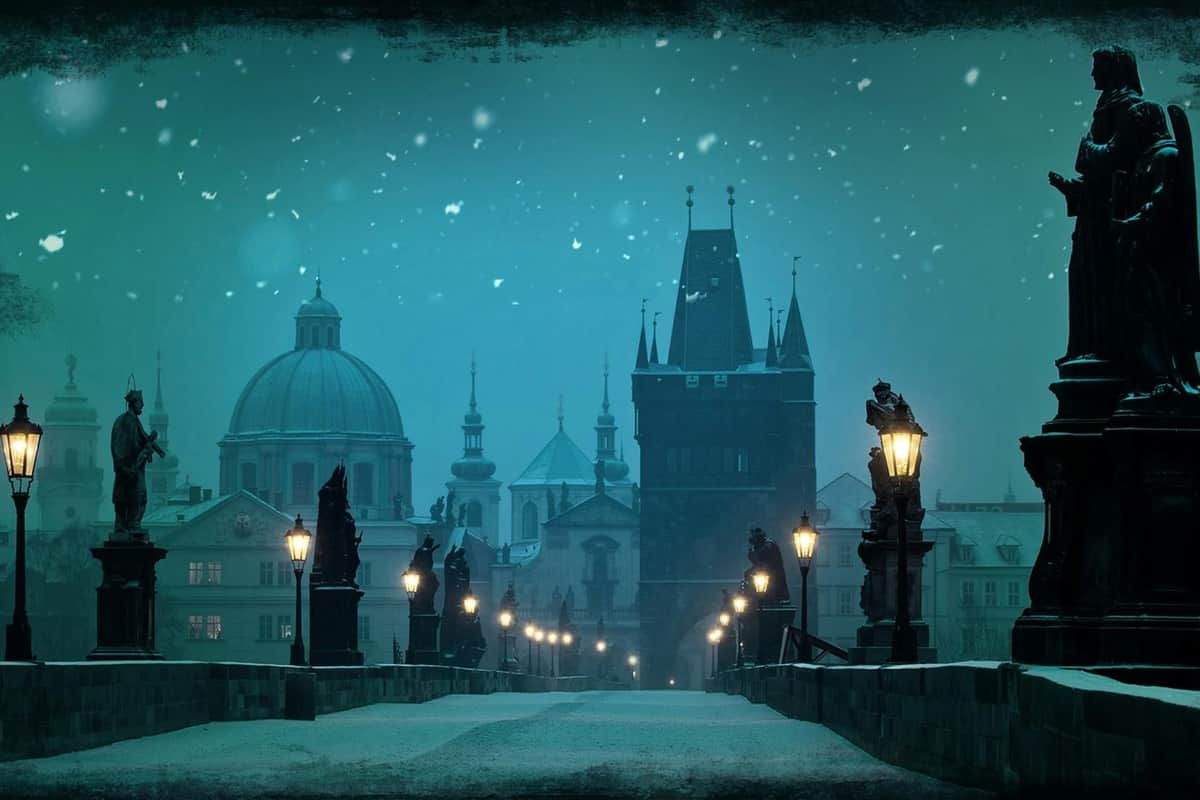 プラハ:ダン・ブラウンのウォーキングツアー 雪のように照らされた橋には、彫像と街灯があり、青い空の下にある歴史的な建物につながっています。
