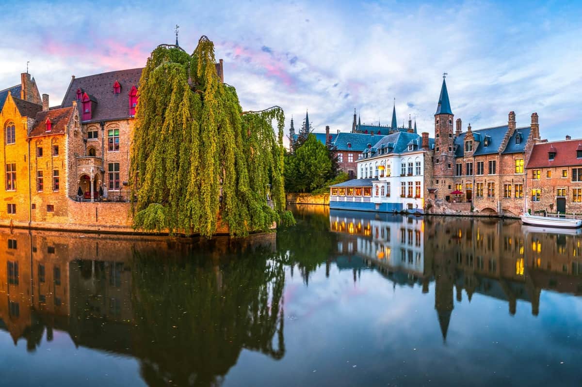 A canal lined with historic buildings and a tree with hanging branches, reflecting in the water under a blue sky with pink clouds.