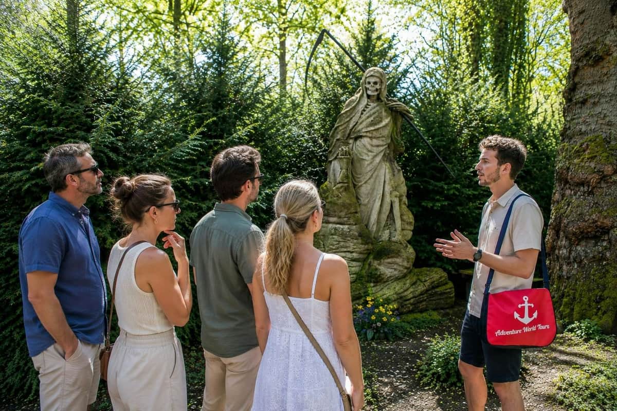 Cologne: Melaten Cemetery Guided Walking Tour A tour guide is speaking to three visitors in front of a statue of a skeletal figure holding a scythe, set in a lush garden.