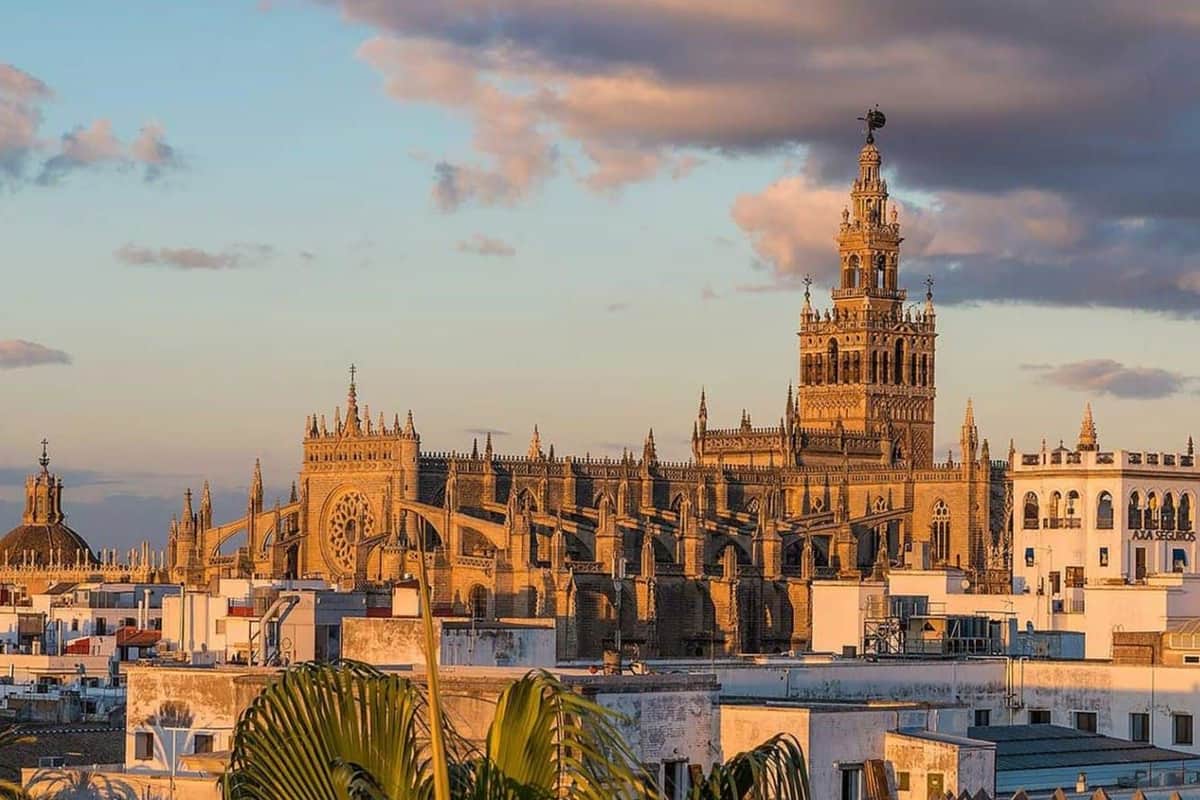 Seville: Guided City Highlights Tour (Seville) Cathedral and Giralda illuminated by the sunset.