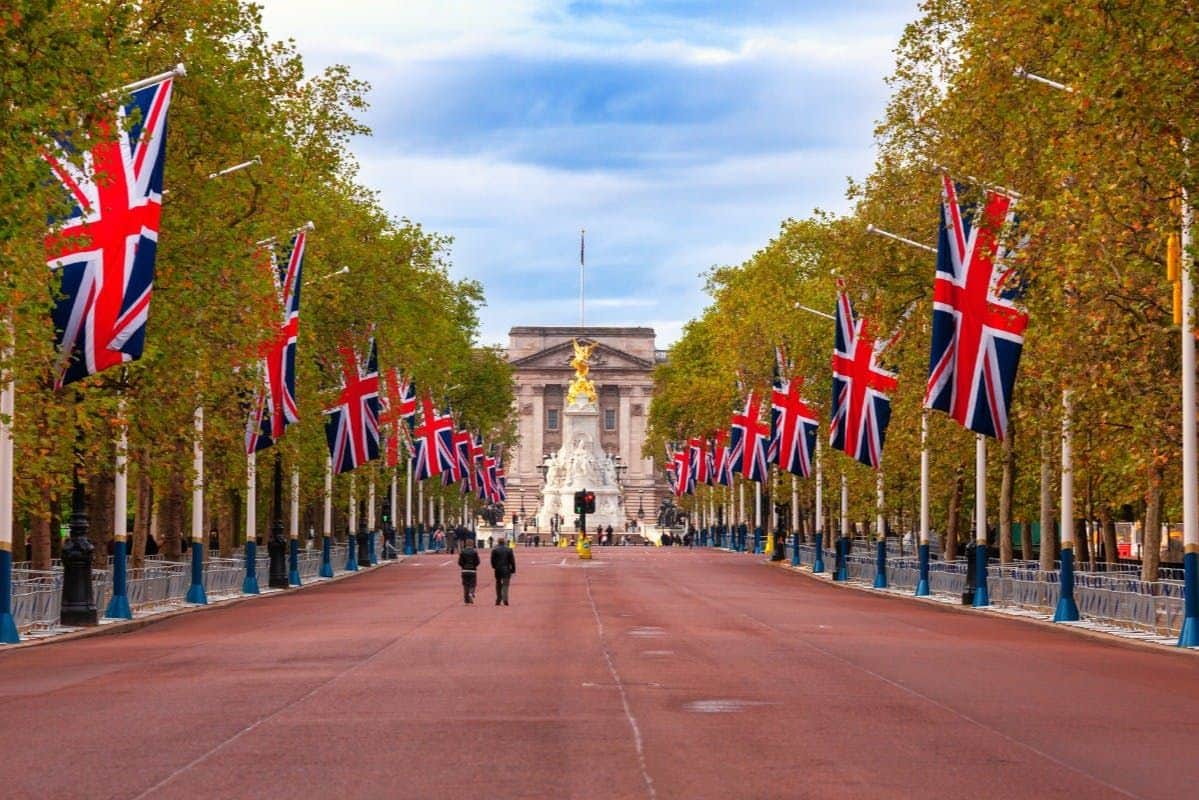 Londres : Visite guidée à pied Une large rue bordée de drapeaux britanniques et d'arbres, menant à un monument et à un grand bâtiment historique à l'arrière-plan.
