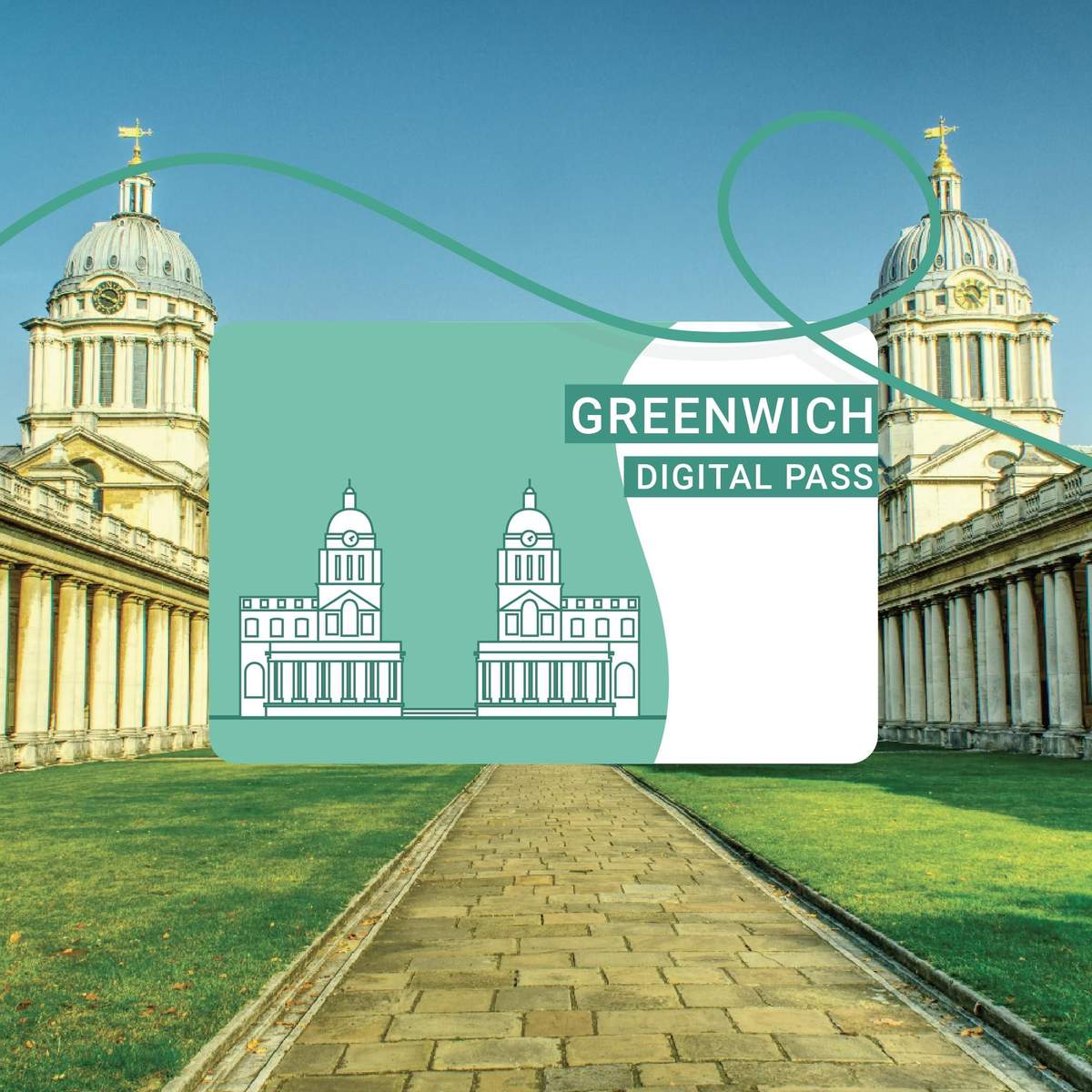 The Greenwich Bundle グリニッジのデジタルパスカードで、中央中庭にオールドロイヤルネイバルカレッジの図面が重ねられています。