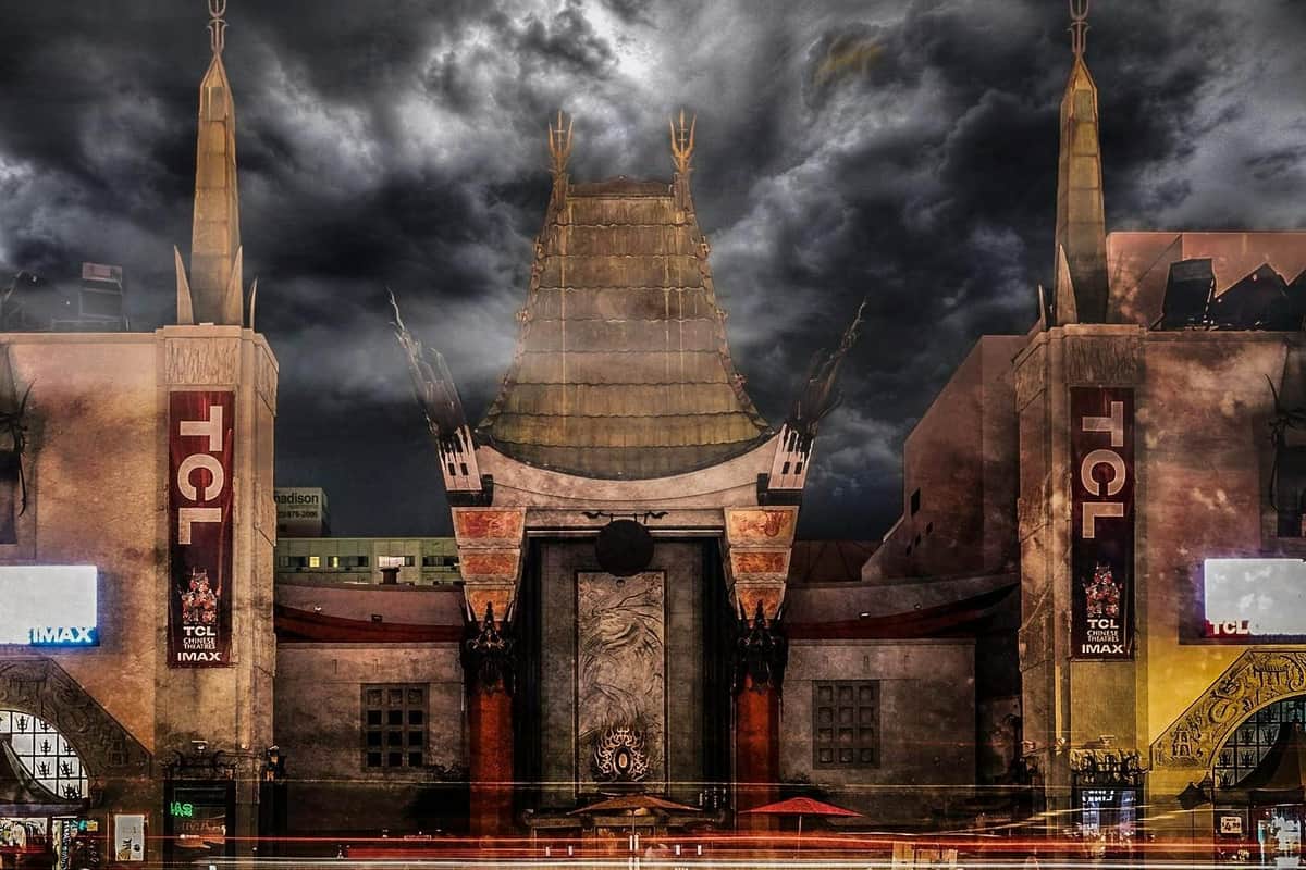 Nighttime photo of the TCL Chinese Theatre with spooky clouds overhead