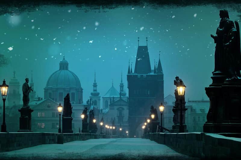 プラハ:ダン・ブラウンのウォーキングツアー 雪のように照らされた橋には、彫像と街灯があり、青い空の下にある歴史的な建物につながっています。