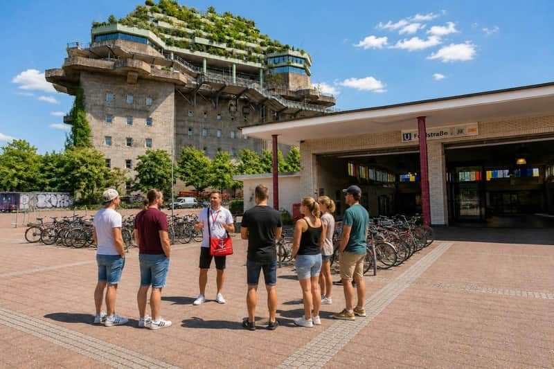 A guide is leading a group of people near a building with greenery on the roof, with bicycles parked nearby, under a sunny sky.