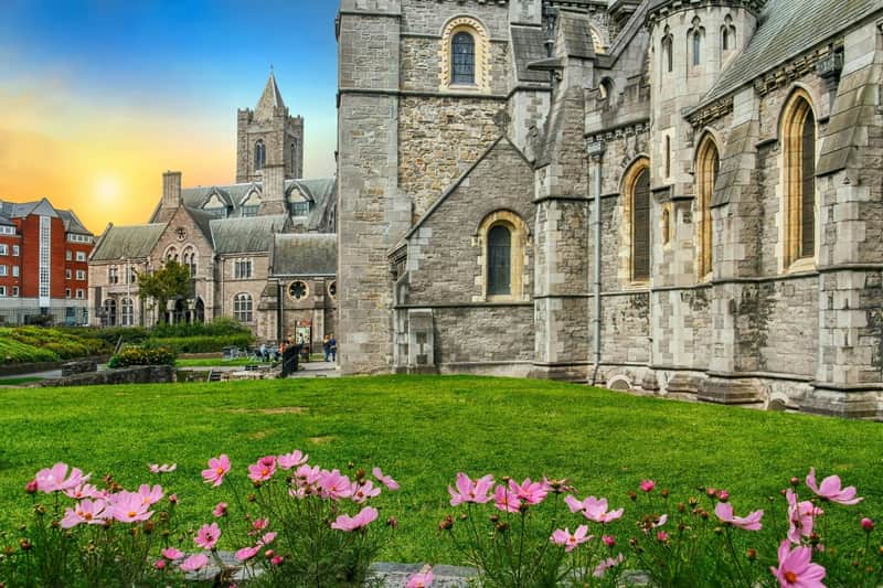 Book of Kells, Dublin Castle & Christ Church Cathedral: Guided Walking Tour (Dublin) Historic stone church with Gothic architecture, flowering pink plants in the foreground, well-kept lawn, and a blue sky at sunset.