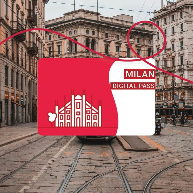 Milan City Card: Attractions and Discounts A red and white card labeled "Milan Digital Pass" is overlaid on a street scene with historic buildings and tram tracks in Milan.