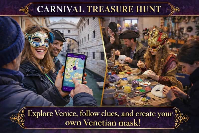 A woman wearing a decorative mask is shown holding a phone with a map app displayed, while others are crafting Venetian masks.