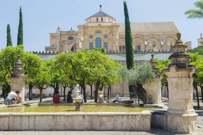 A courtyard with a fountain surrounded by orange trees, a historic building in the background, and people relaxing nearby.