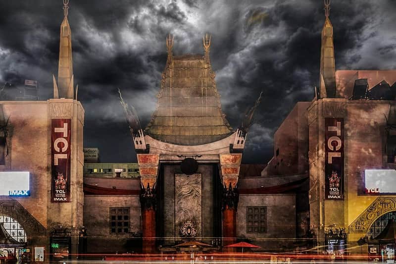 Los Angeles: 1-Hr Haunted Guided Walking Tour (Los Angeles) Nighttime photo of the TCL Chinese Theatre with spooky clouds overhead